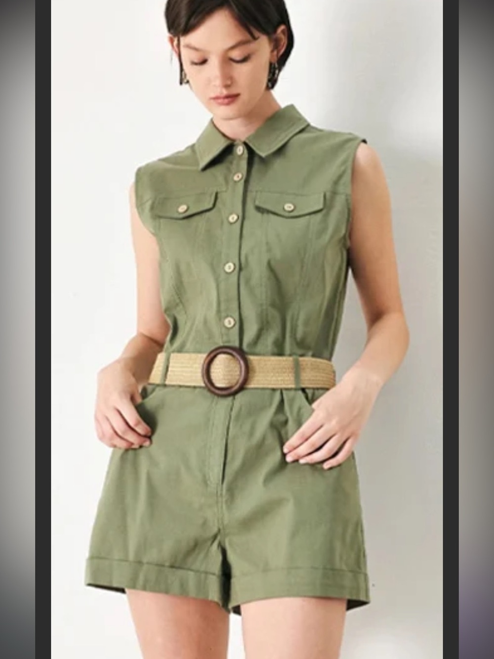 Celebrity Pink Sage Green Short Sleeve Utility Romper